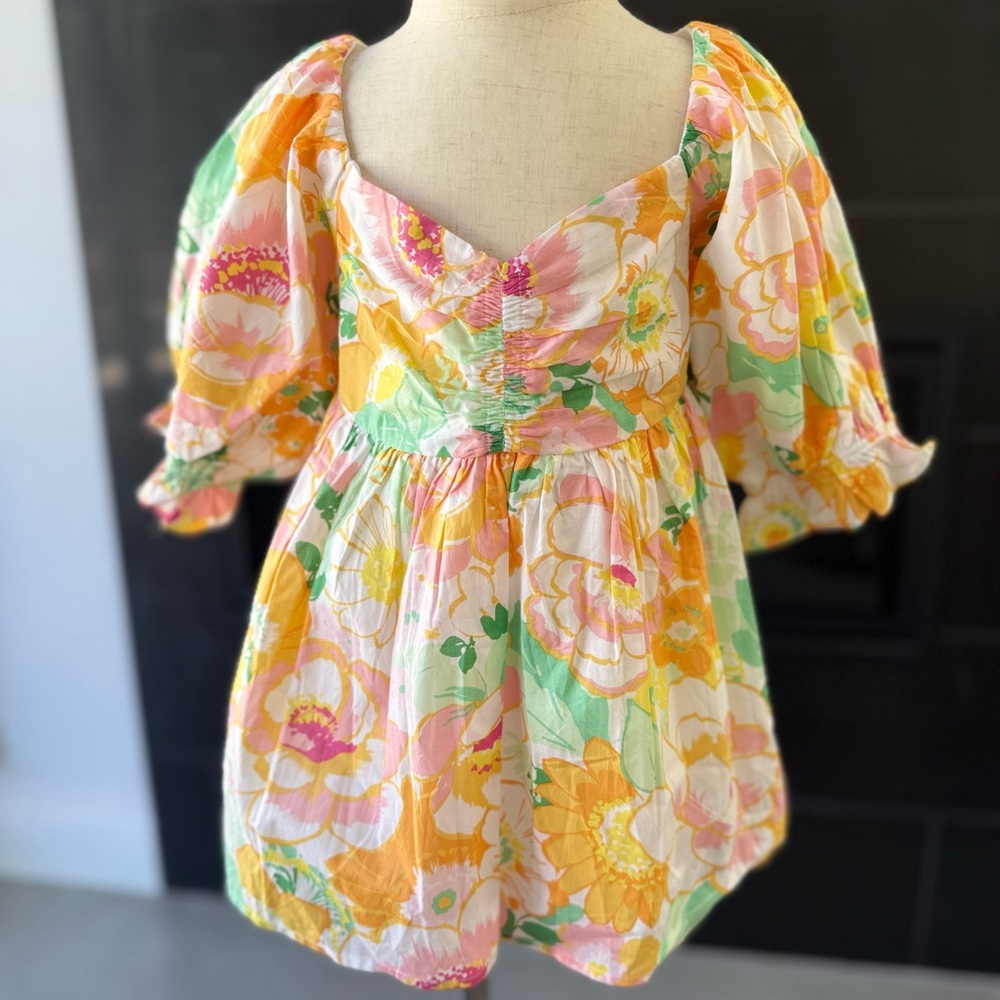 Janie and Jack Floral Puff Sleeve Dress Pink Yellow Green White